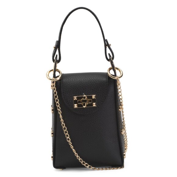 DIVINA FIRENZE Black Made In Italy Leather Studed Phone Holder Crossbody - Picture 1 of 2